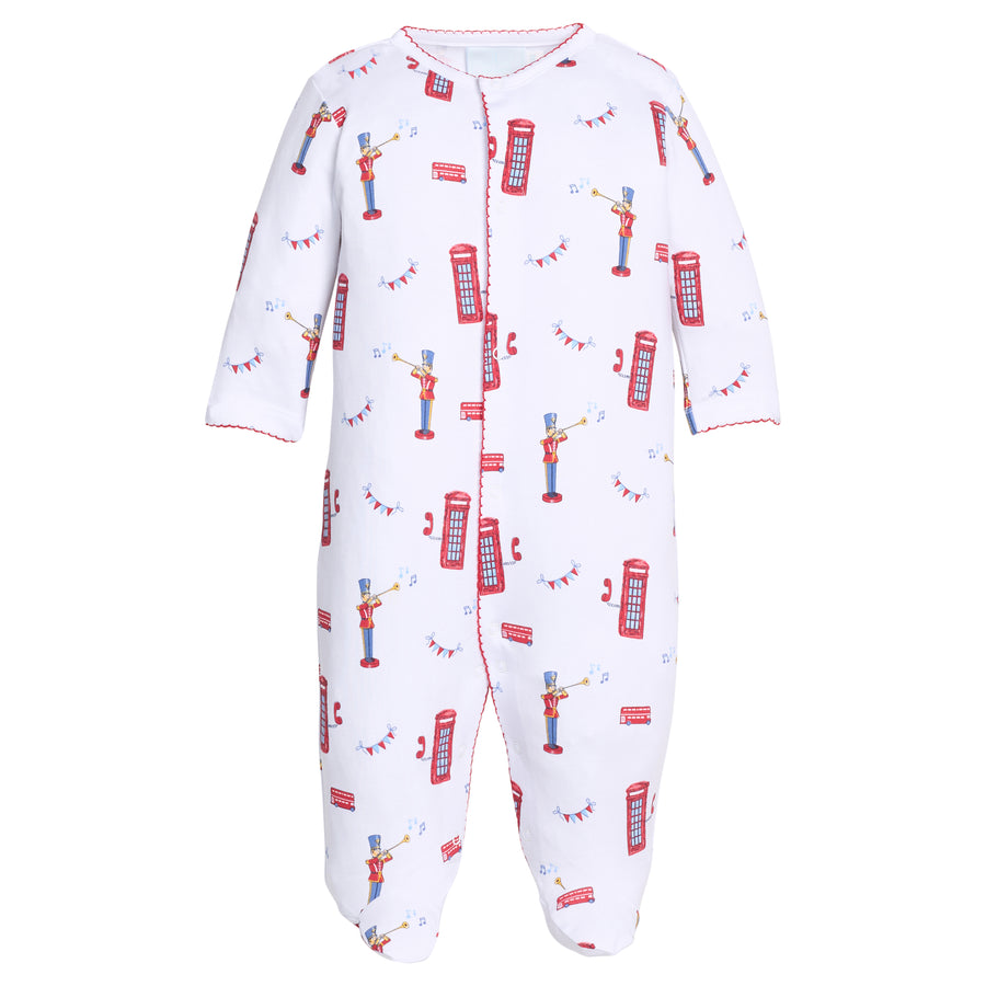 Little English traditional children's clothing.  White Pima cotton footie with London inspired print for babies