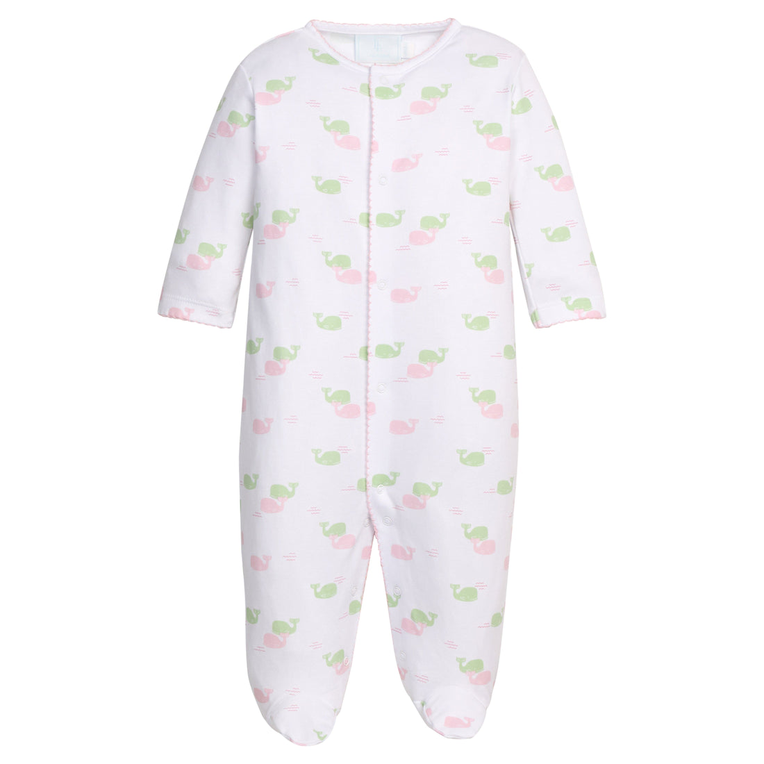 Little English classic printed footie with pink and green whale motifs, for baby girl 