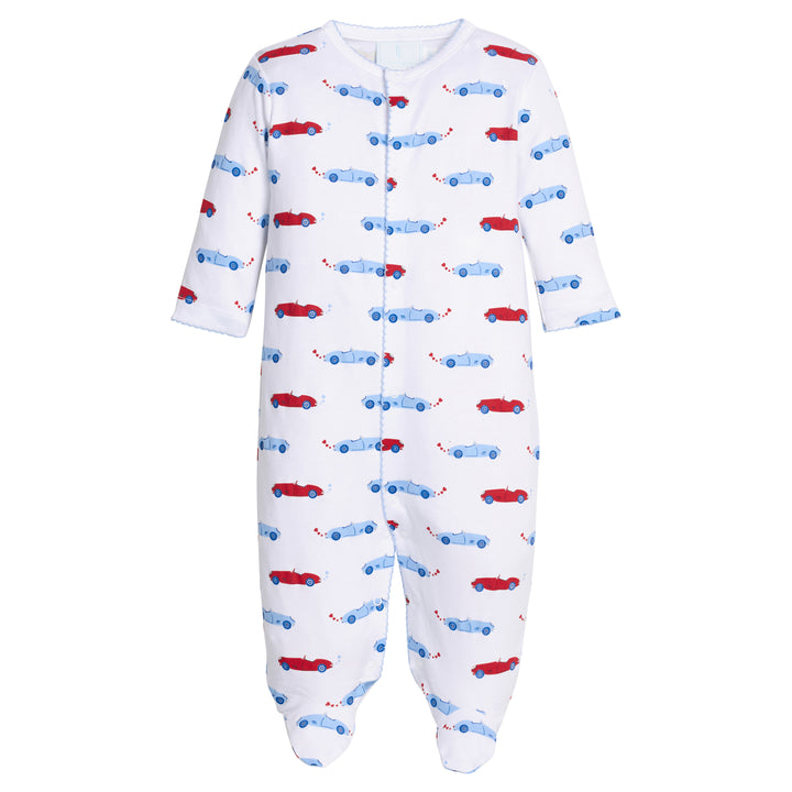 Little English traditional children's clothing.  White pima cotton footie with red and blue car print for baby boys