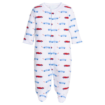 Little English traditional children's clothing.  White pima cotton footie with red and blue car print for baby boys