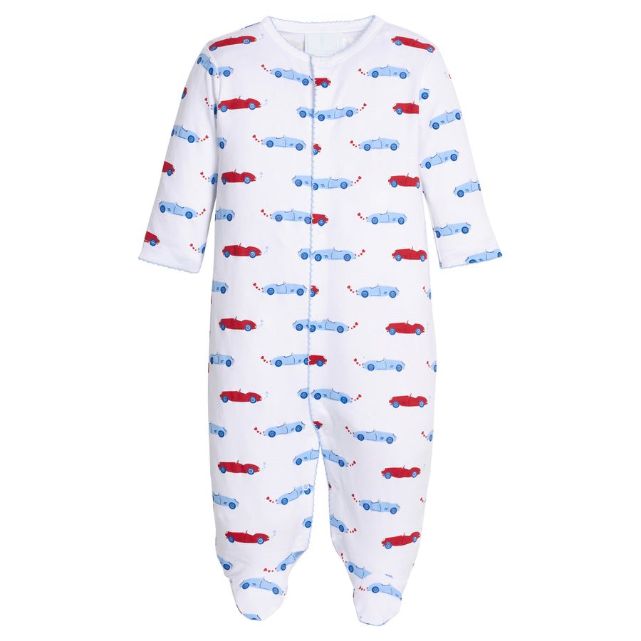 Little English traditional children's clothing.  White pima cotton footie with red and blue car print for baby boys