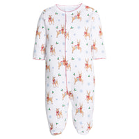 little english classic children's clothing unisex baby footie with all over reindeer print and red trim for holiday 