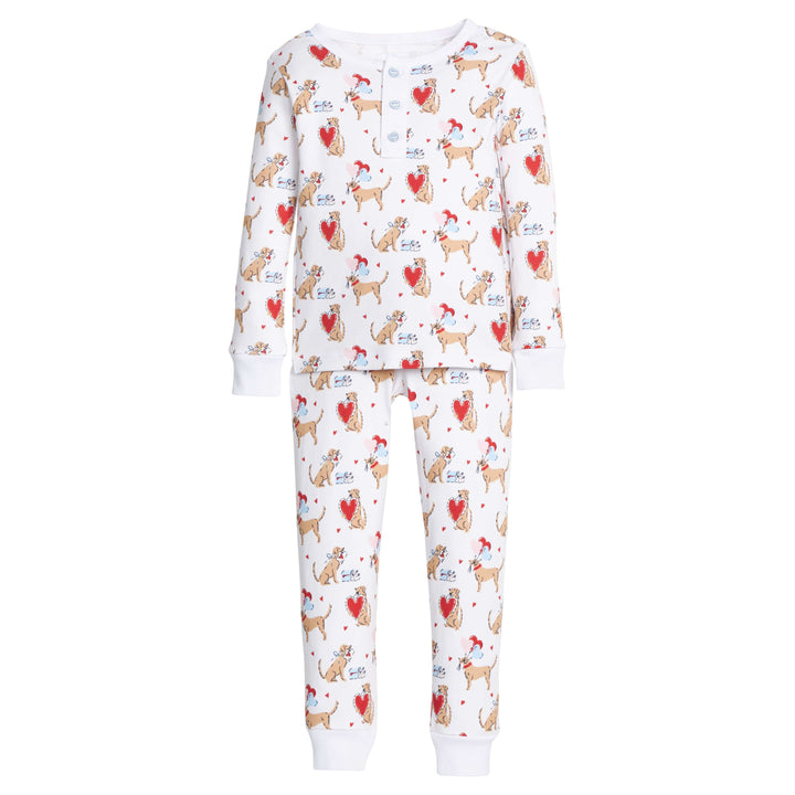 little english classic children's clothing boys long sleeve and pant pajama set with labs and red hearts all over print for Valentines 