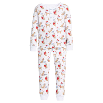 little english classic children's clothing boys long sleeve and pant pajama set with labs and red hearts all over print for Valentines 