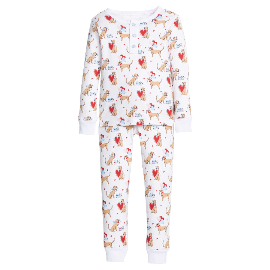 little english classic children's clothing boys long sleeve and pant pajama set with labs and red hearts all over print for Valentines 