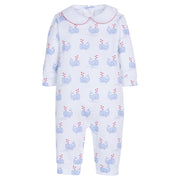 Little English classic children's clothing, baby's knit long-sleeved playsuit with printed blue whale motif and peter pan collar with red picot trim