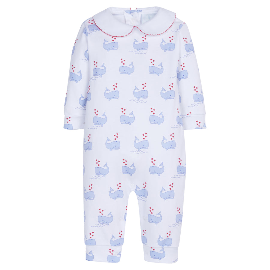 Little English classic children's clothing, baby's knit long-sleeved playsuit with printed blue whale motif and peter pan collar with red picot trim