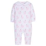 Little English classic children's clothing, baby's knit long-sleeved playsuit with printed pink whale motif and peter pan collar with light pink picot trim