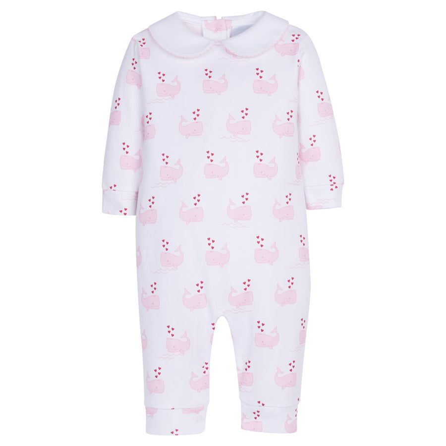 Little English classic children's clothing, baby's knit long-sleeved playsuit with printed pink whale motif and peter pan collar with light pink picot trim