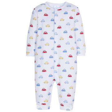 little english classic childrens clothing boys printed romper with red yellow and blue cars