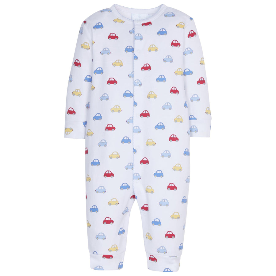 little english classic childrens clothing boys printed romper with red yellow and blue cars