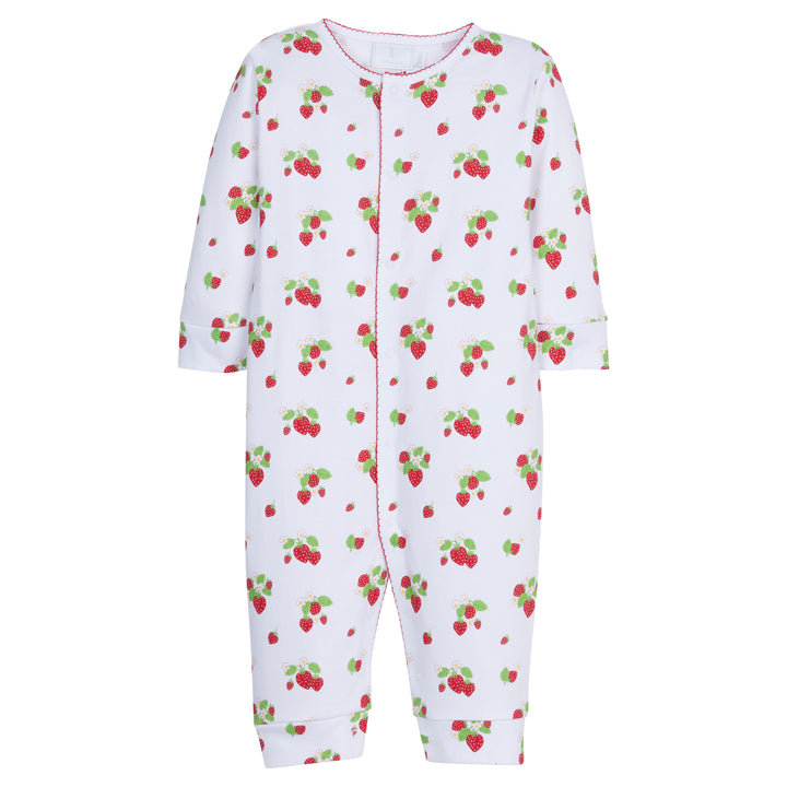 Little English classic children's clothing, baby long-sleeved romper with printed strawberry motif and red picot trim