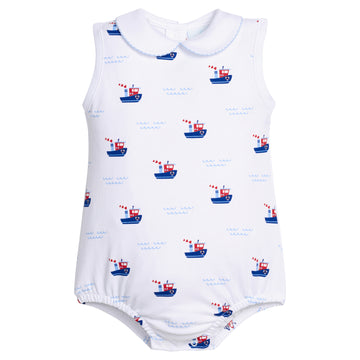 Little English traditional children's clothing.  White pima cotton bubble with peter pan collar and tugboat print for baby boys