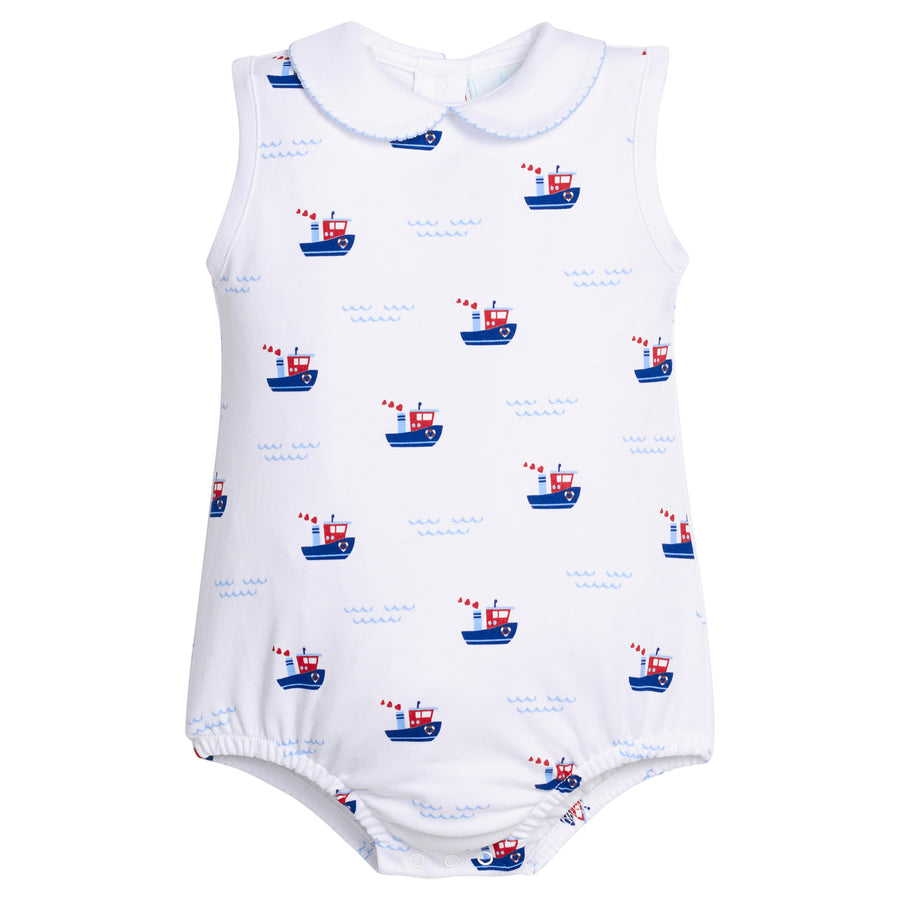 Little English traditional children's clothing.  White pima cotton bubble with peter pan collar and tugboat print for baby boys
