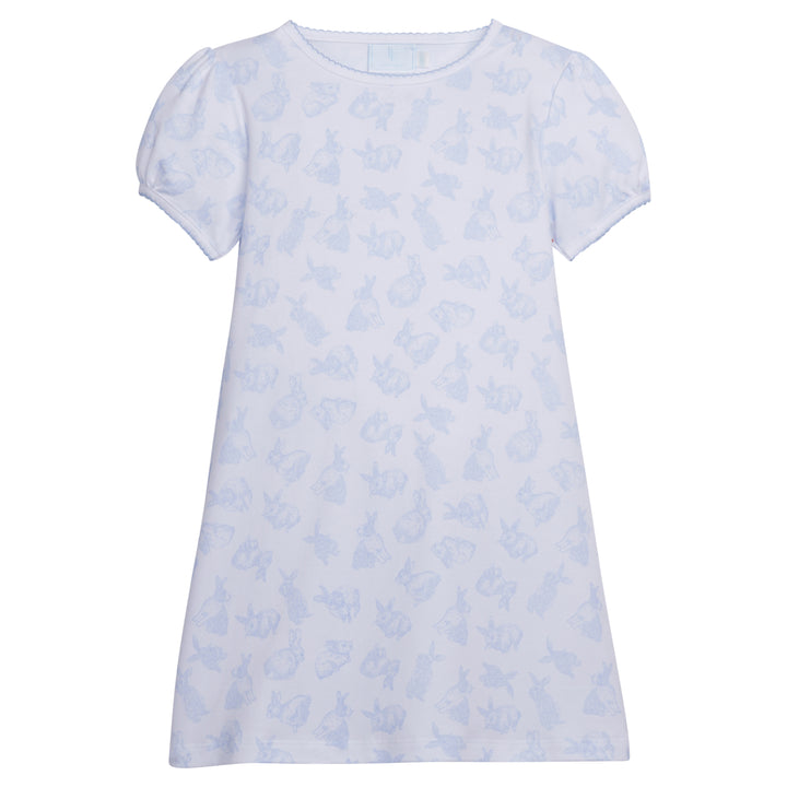 Little English girl's printed t-shirt dress with light blue tossed bunnies