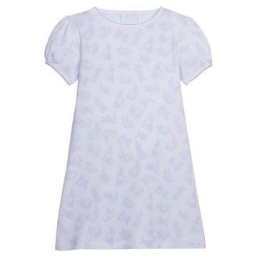 Little English girl's printed t-shirt dress with light blue tossed bunnies