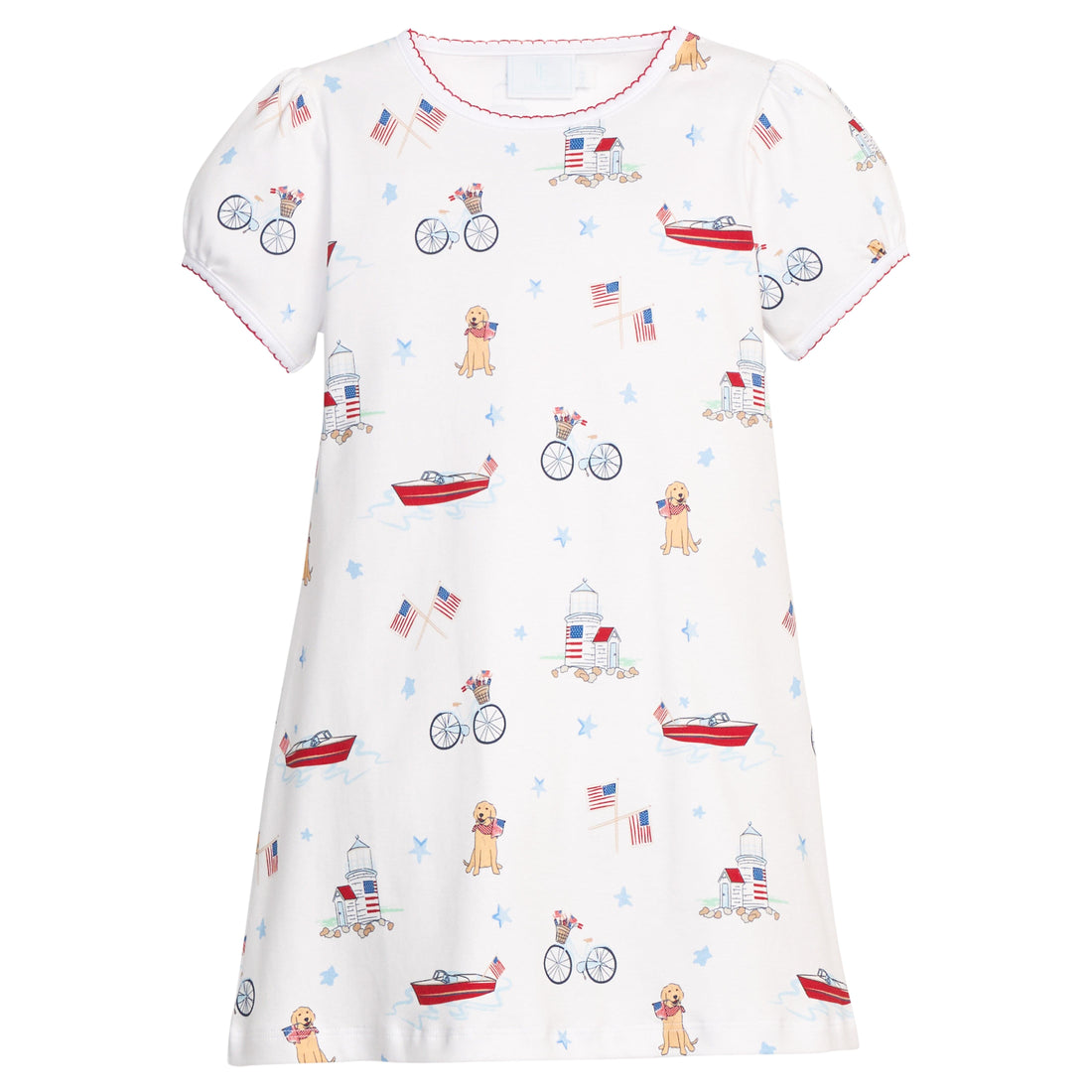 Little English classic printed T-shirt dress with puppy, flag, boat, bike, lighthouse, and star motifs for fourth of july, for little girl