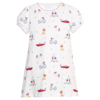 Little English classic printed T-shirt dress with puppy, flag, boat, bike, lighthouse, and star motifs for fourth of july, for little girl