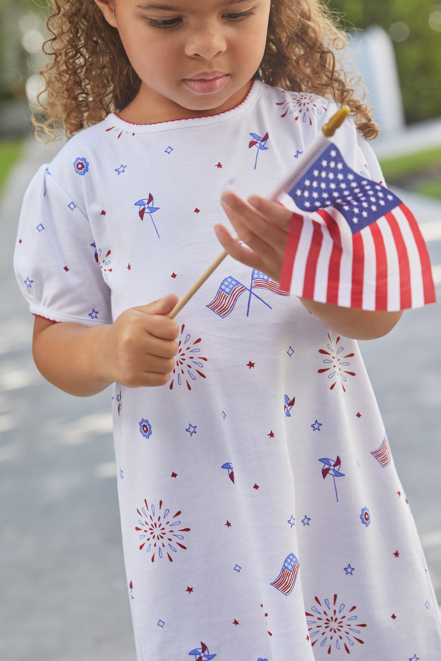 Little English traditional children’s clothing, girl's casual knit dress for spring, 4th of July outfit, patriotic flag print