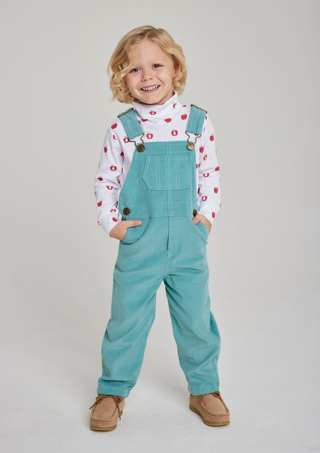 Little English toddler boy classic canton overall with brass buttons 