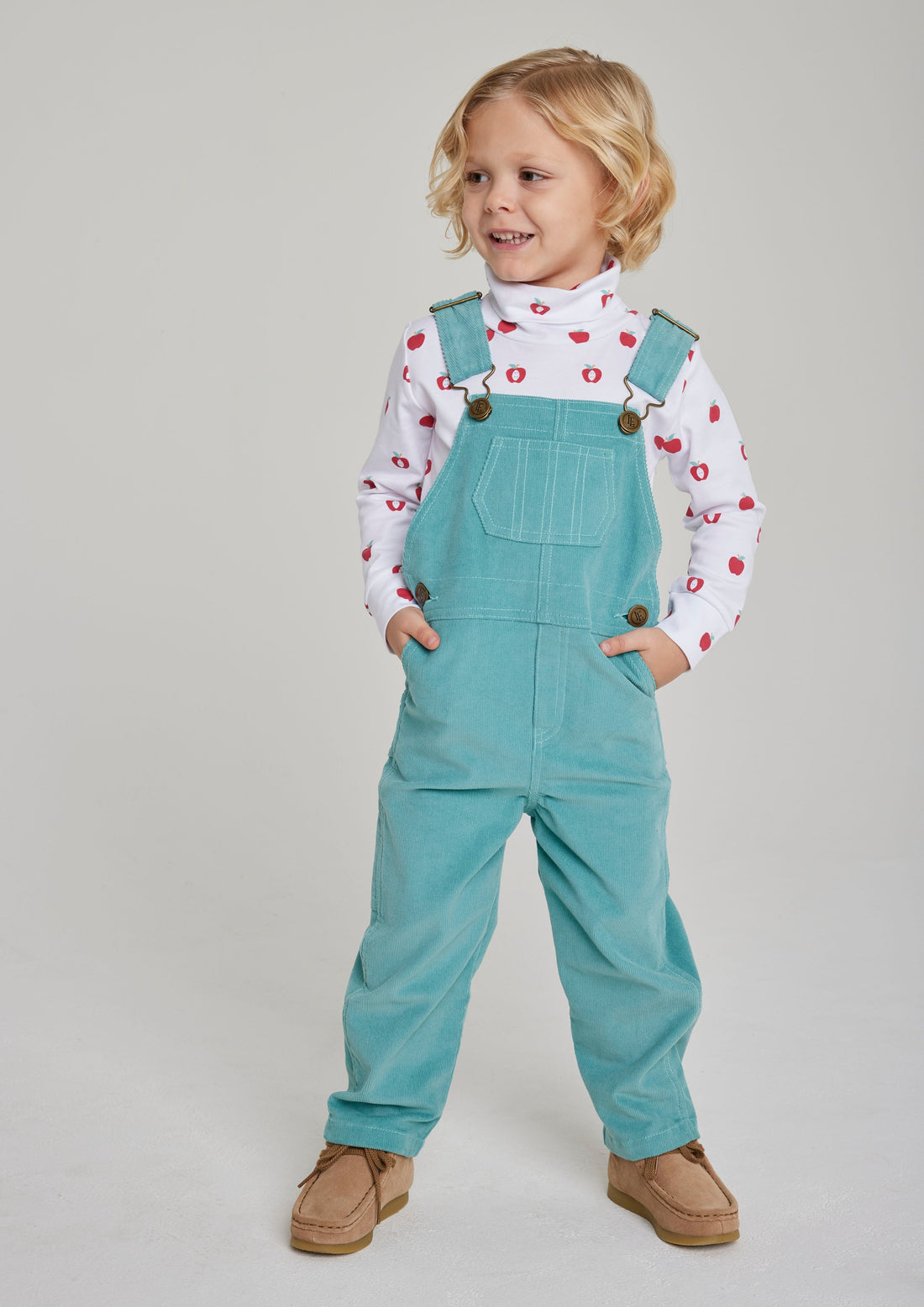 Little English toddler boy classic canton overall with brass buttons 
