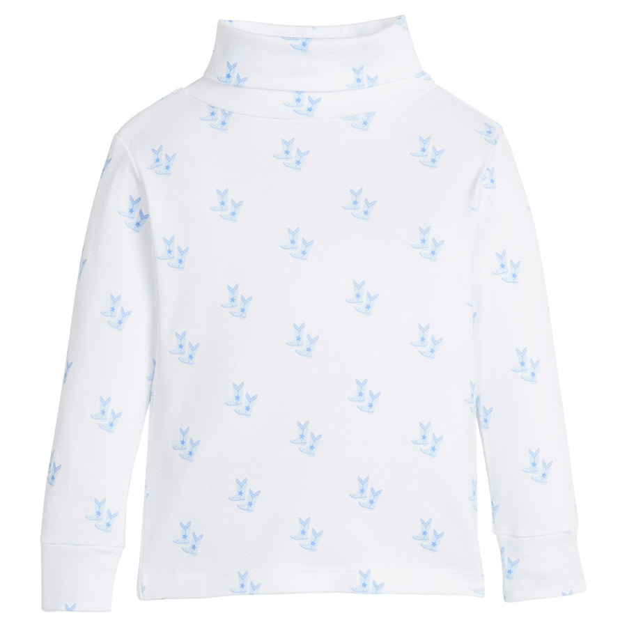 little english classic children's clothing boys white turtleneck with blue cowboy boot print 