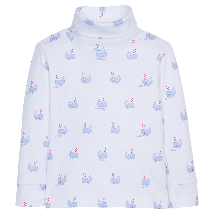 Little English classic children's clothing, white turtleneck with printed blue whales