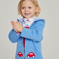 little english classic childrens clothing boys light blue hoodie with applique cars on the pockets