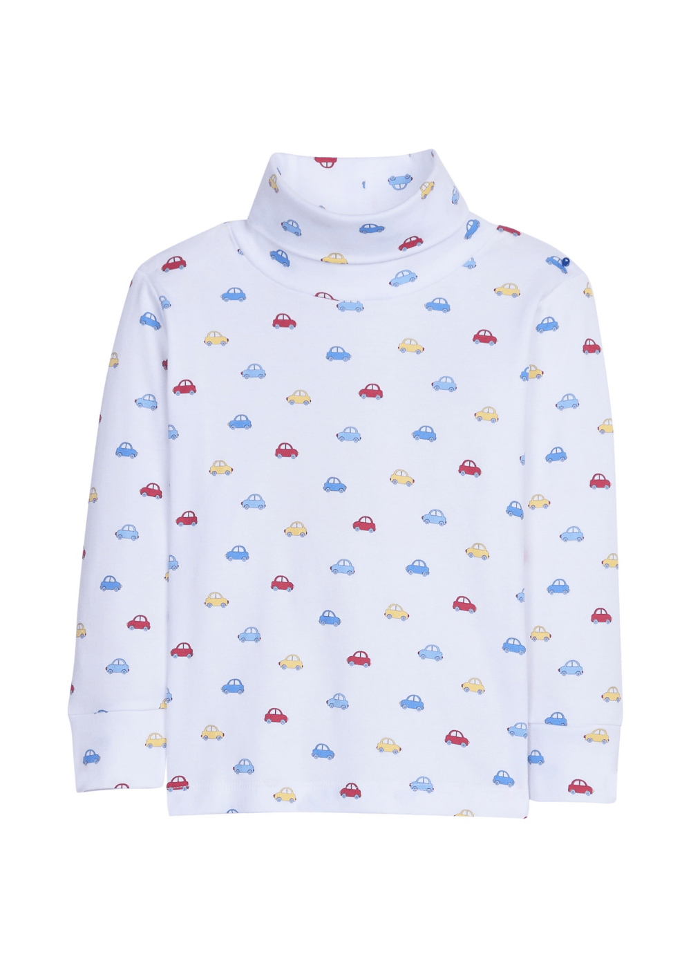 Little English classic childrens clothing toddler boys turtleneck with printed cars in blue, yellow and red