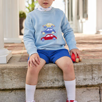 Little English classic childrens clothing toddler boy light blue sweater with stack yellow blue and red cars