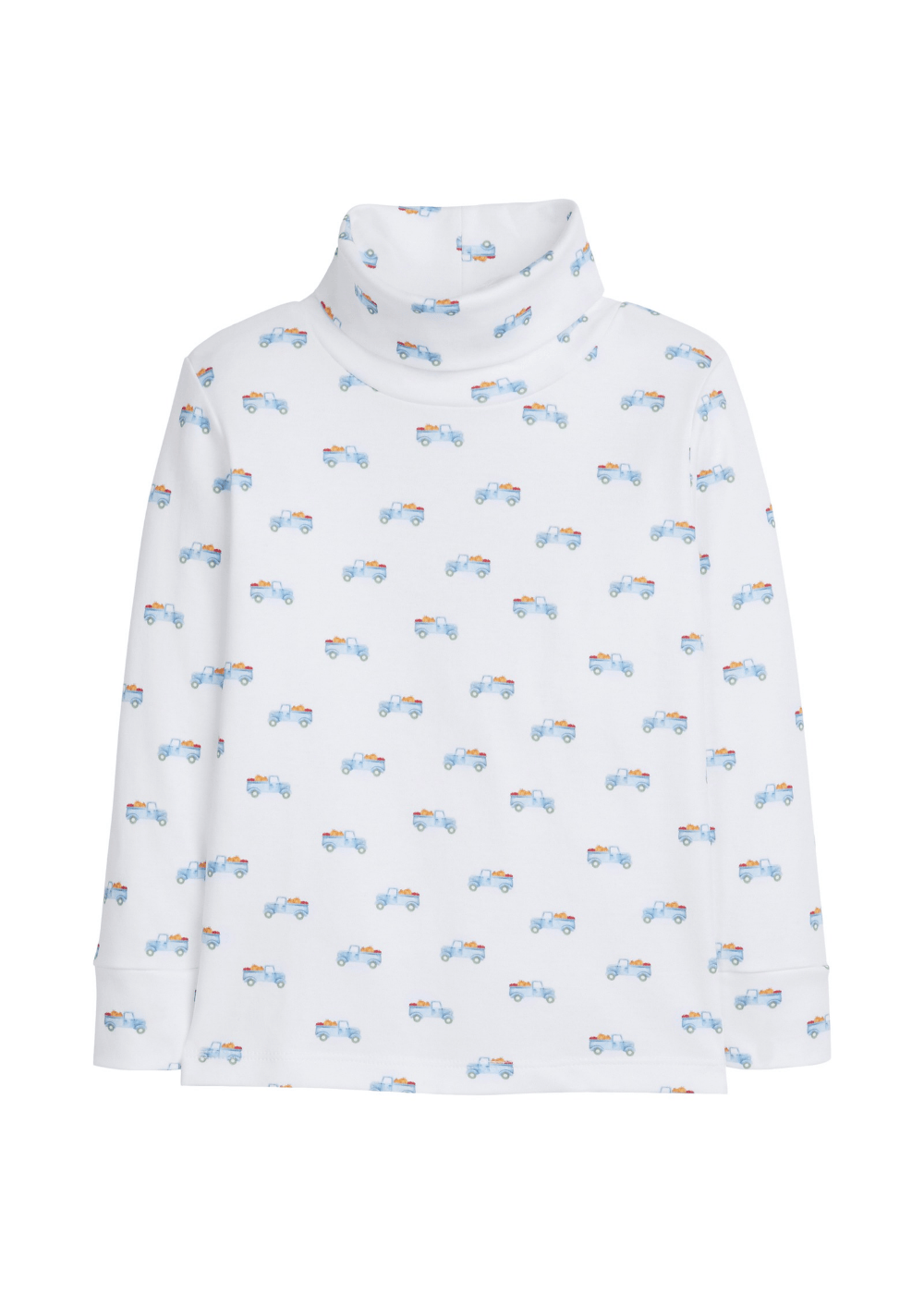 little english classic childrens clothing boys turtleneck with printed trucks with pumpkins in bed