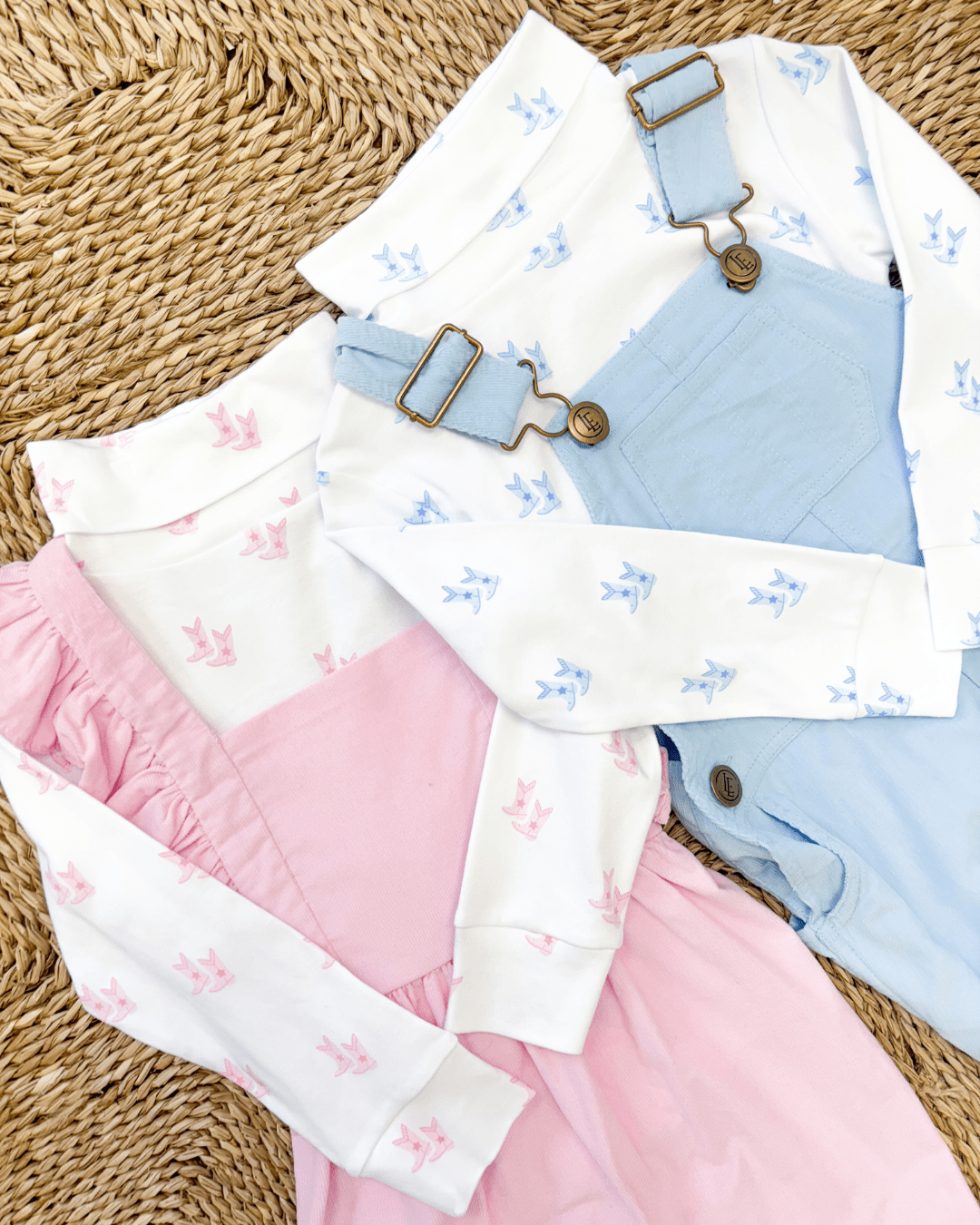 Little English cowboy boot printed turtlenecks and coordinating outfits in pink and blue