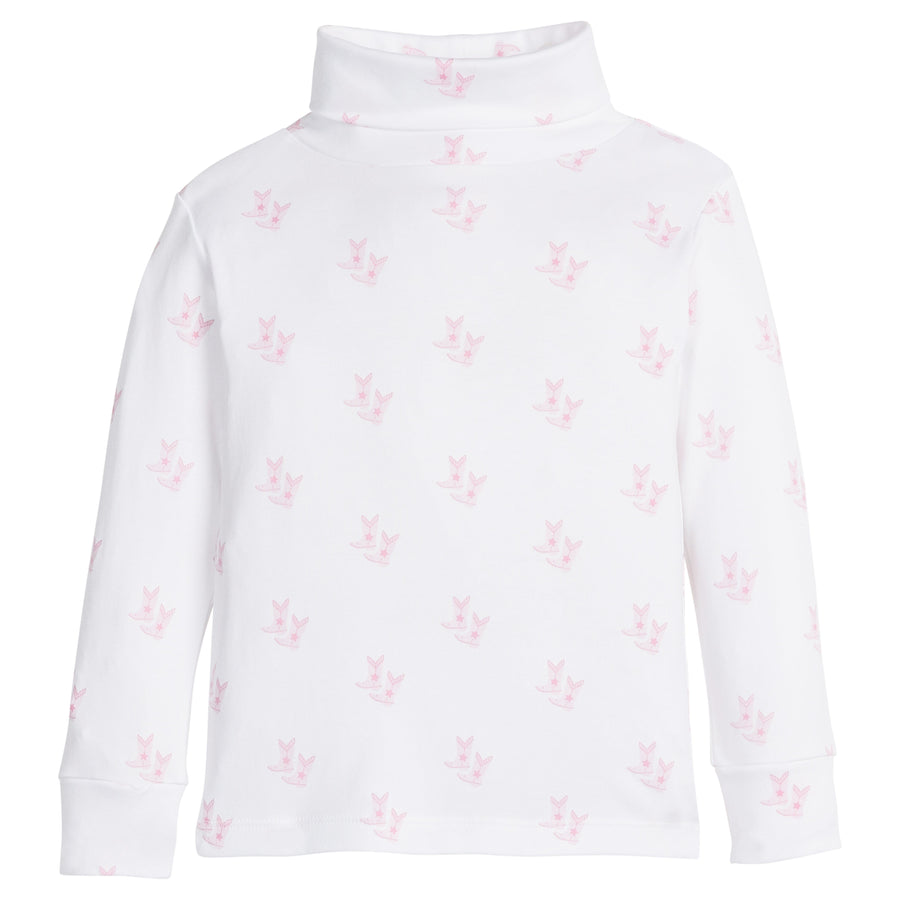 Little English classic children's clothing, white cotton turtleneck with all-over pink cowgirl boot print for little girls for Fall