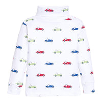 Little English classic children's clothing. White knit turtleneck with red, blue, & green race car print for boys