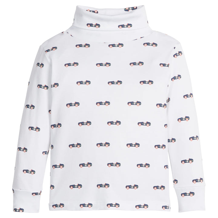 little english classic children's clothing boys white turtleneck with navy vintage race car print 
