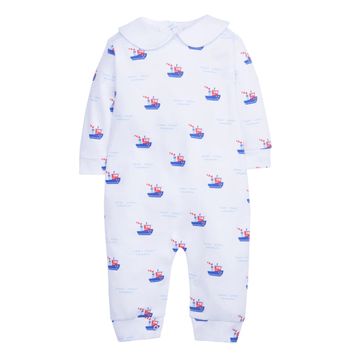 Little English classic children's clothing, white knit playsuit with peter pan collar and all-over blue and red tugboat print for baby boys