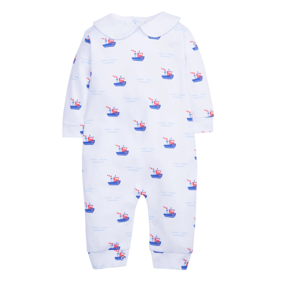 Little English classic children's clothing, white knit playsuit with peter pan collar and all-over blue and red tugboat print for baby boys