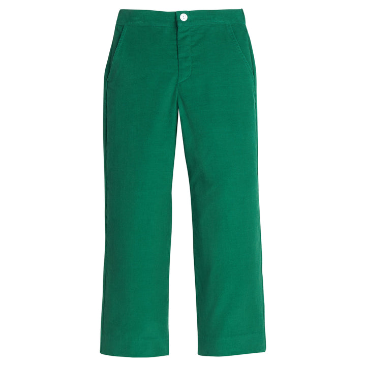 Little English classic pull on pants for little boys. Evergreen corduroy pant with elastic waistband in back and faux button front.