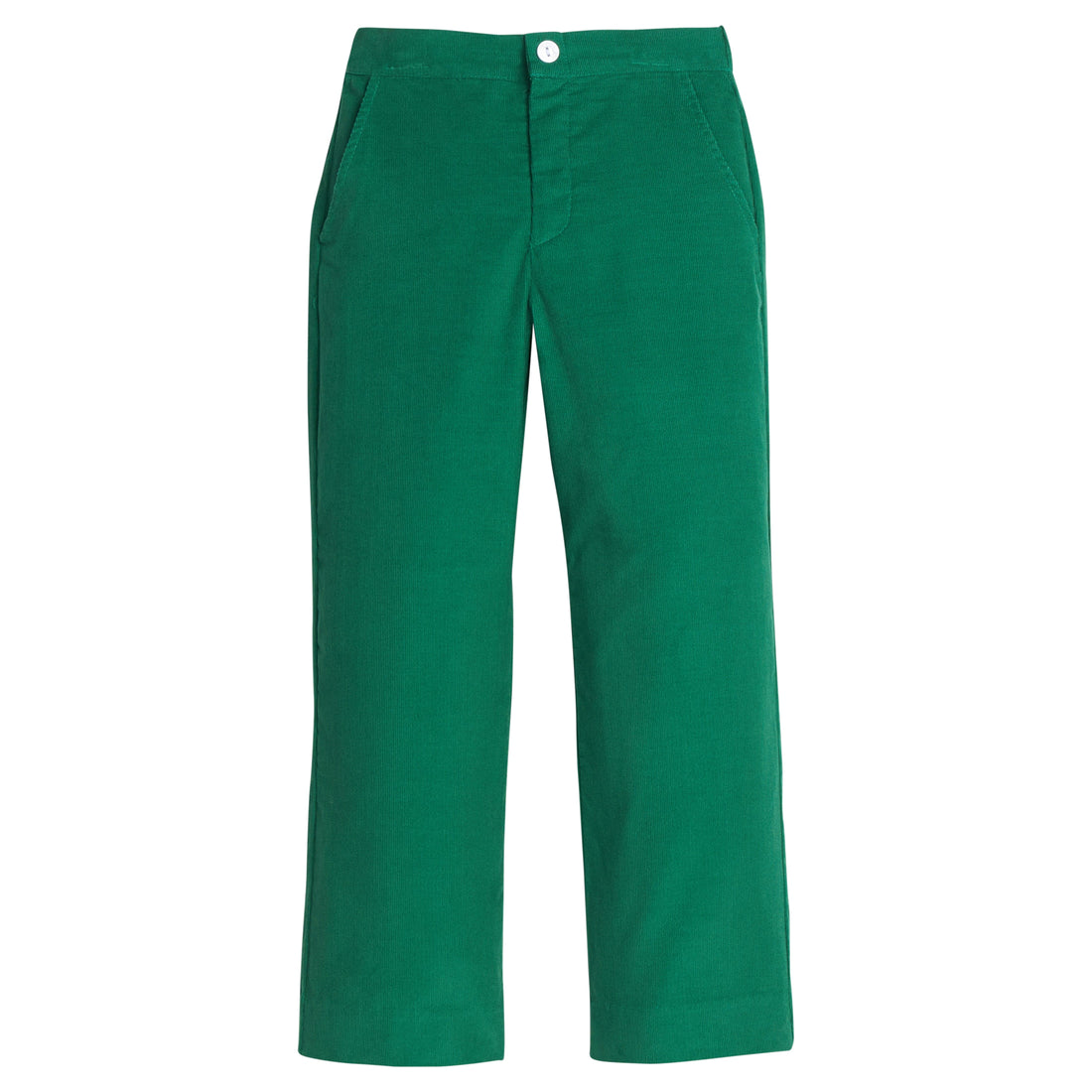 Little English classic pull on pants for little boys. Evergreen corduroy pant with elastic waistband in back and faux button front.