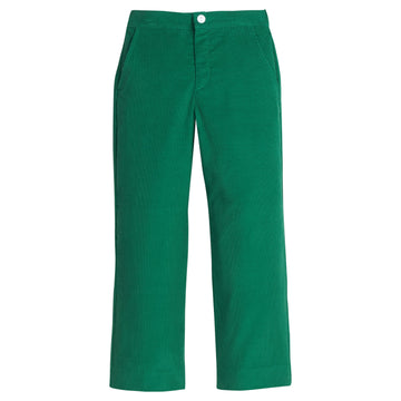 Little English classic pull on pants for little boys. Evergreen corduroy pant with elastic waistband in back and faux button front.
