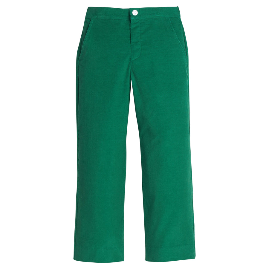 Little English classic pull on pants for little boys. Evergreen corduroy pant with elastic waistband in back and faux button front.