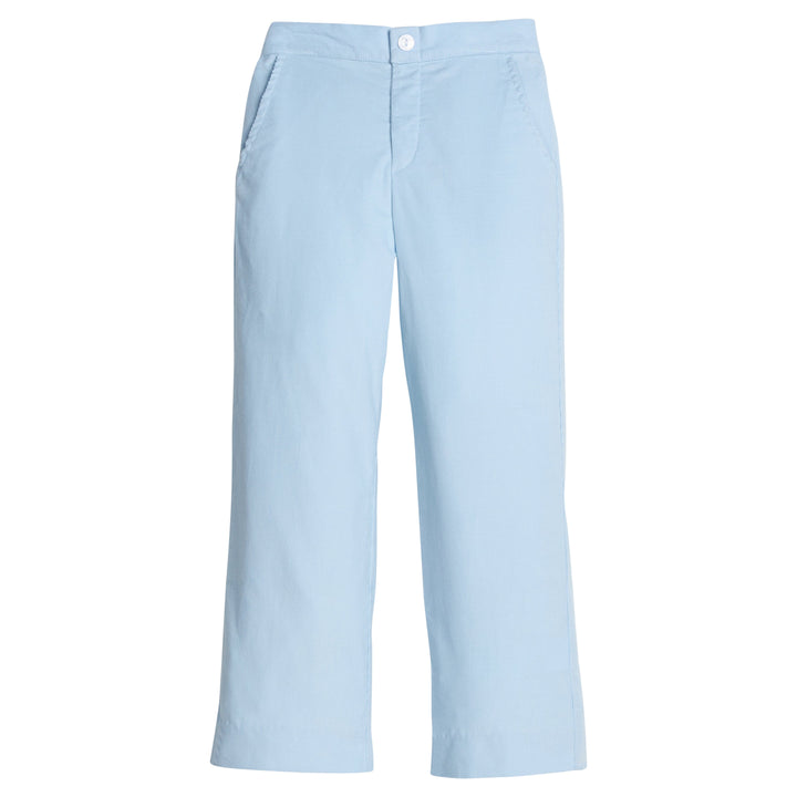 Little English classic pull on pants for little boys. Light blue corduroy pant with elastic waistband in back and faux button front.