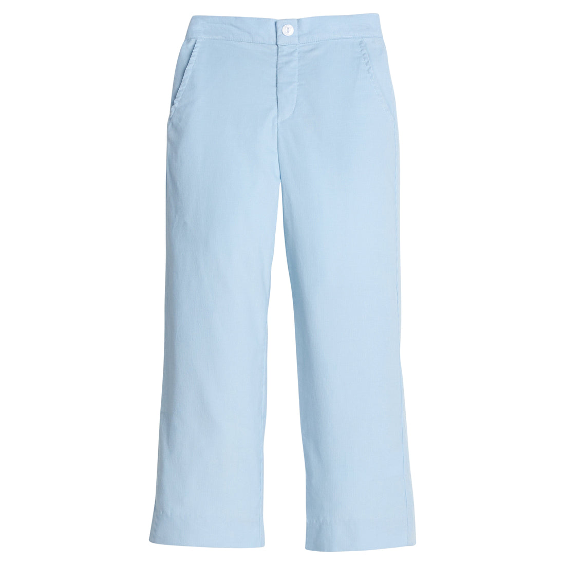 Little English classic pull on pants for little boys. Light blue corduroy pant with elastic waistband in back and faux button front.