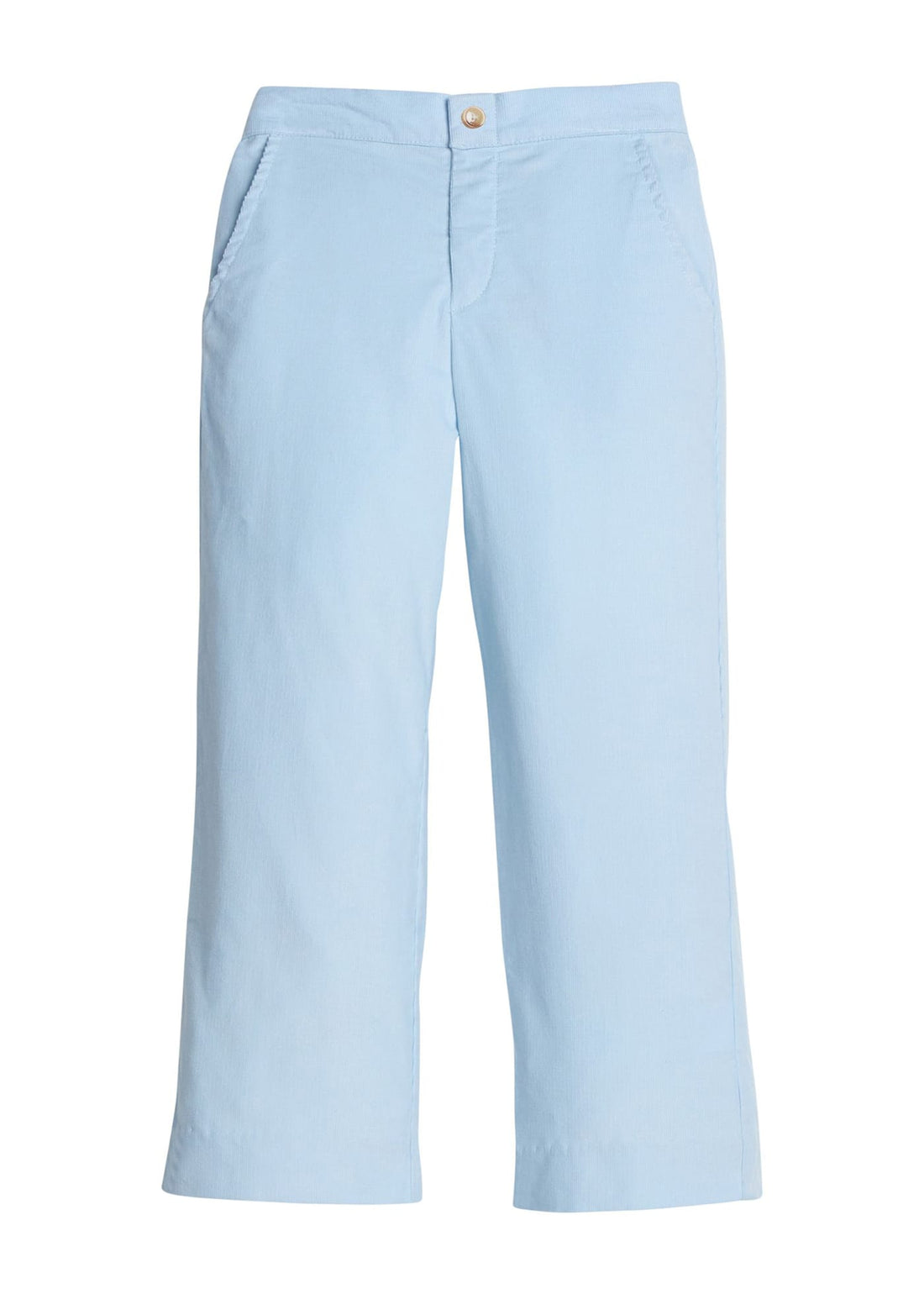 Little English classic pull on pants for little boys. Light blue corduroy pant with elastic waistband in back and faux button front.