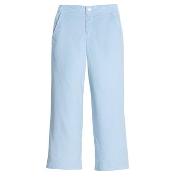 Little English classic pull on pants for little boys. Light blue corduroy pant with elastic waistband in back and faux button front.