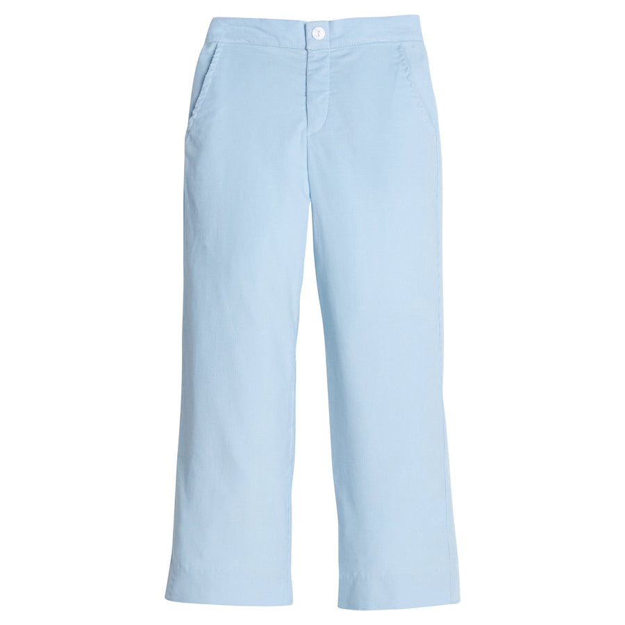 Little English classic pull on pants for little boys. Light blue corduroy pant with elastic waistband in back and faux button front.