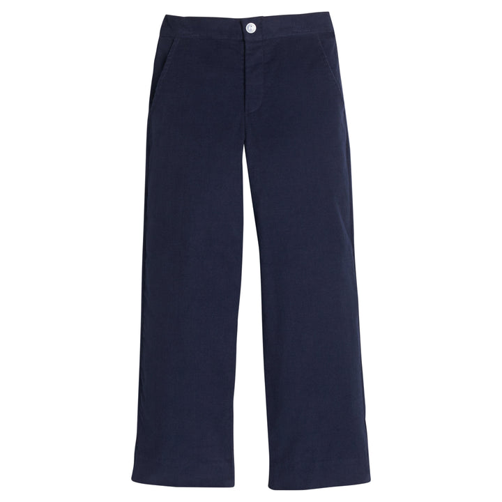 Little English classic pull on pants for little boys. Navy blue corduroy pant with elastic waistband in back and faux button front.