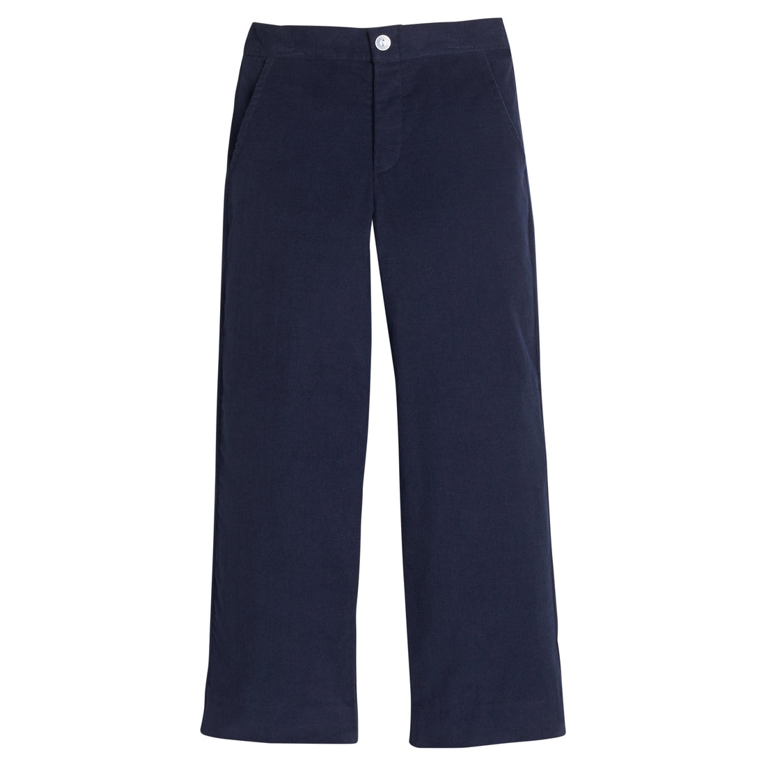 Little English classic pull on pants for little boys. Navy blue corduroy pant with elastic waistband in back and faux button front.