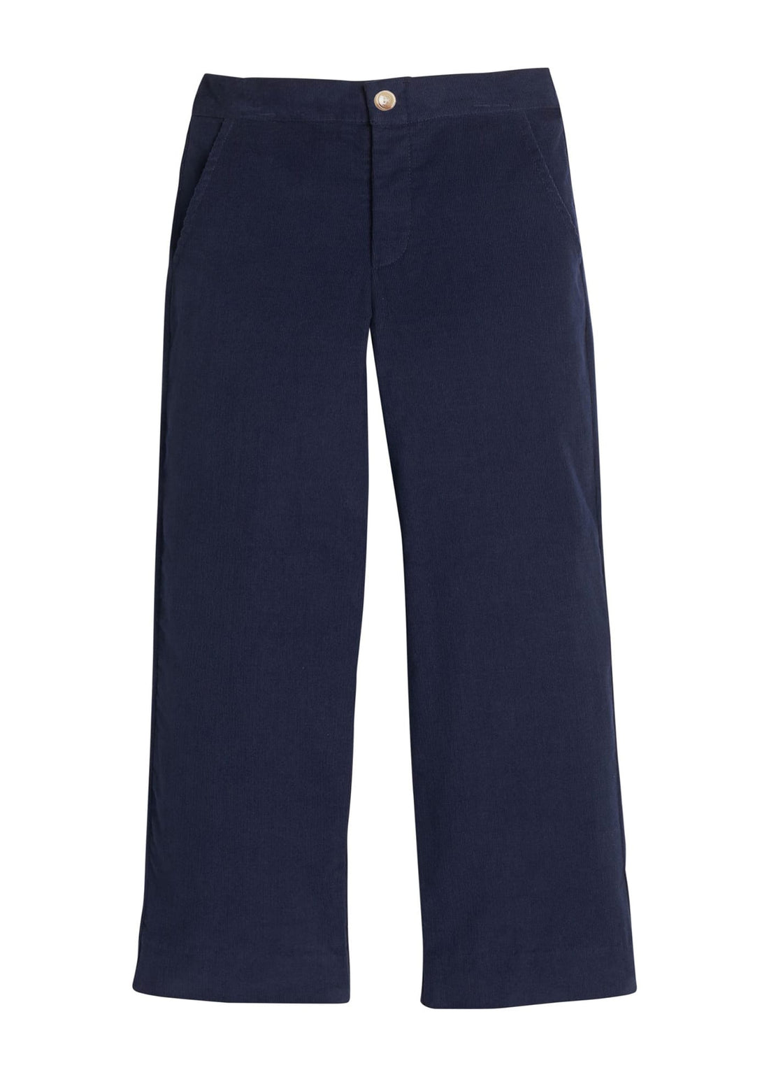 Little English classic pull on pants for little boys. Navy blue corduroy pant with elastic waistband in back and faux button front.