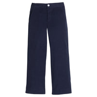 Little English classic pull on pants for little boys. Navy blue corduroy pant with elastic waistband in back and faux button front.